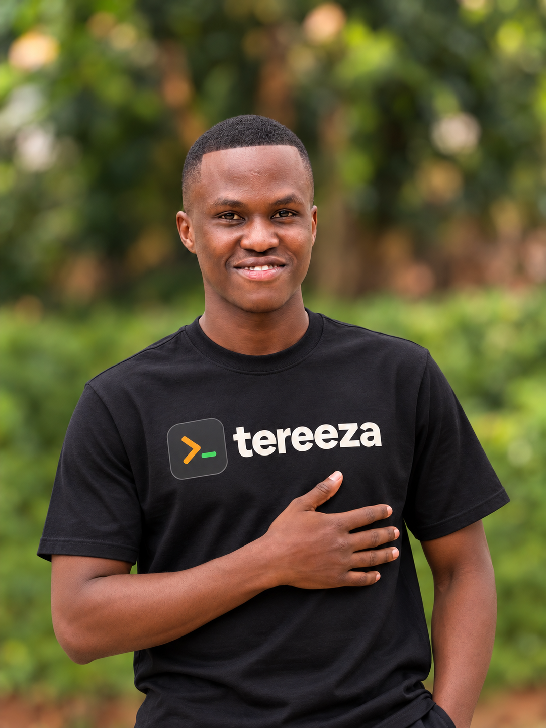 Samuel Nangoli, the person behind Tereeza, wearing a Tereeza T-shirt